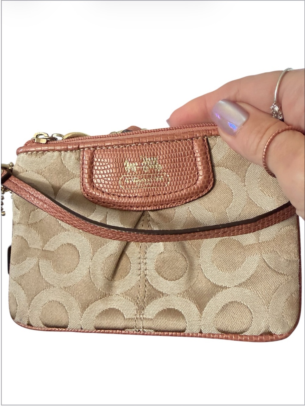 Coach Beige Signature Canvas Wristlet w/ dark orange Gold Trim and gold hangtag